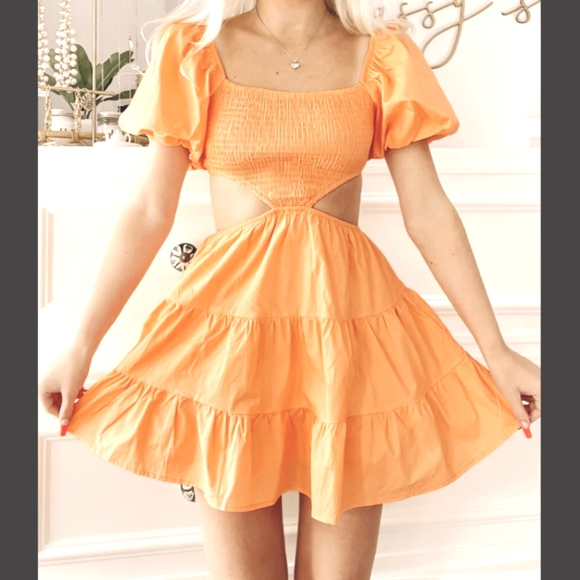 Puff Sleeve Cutout Embroidered Textured Mini Dress - Orange main image 0